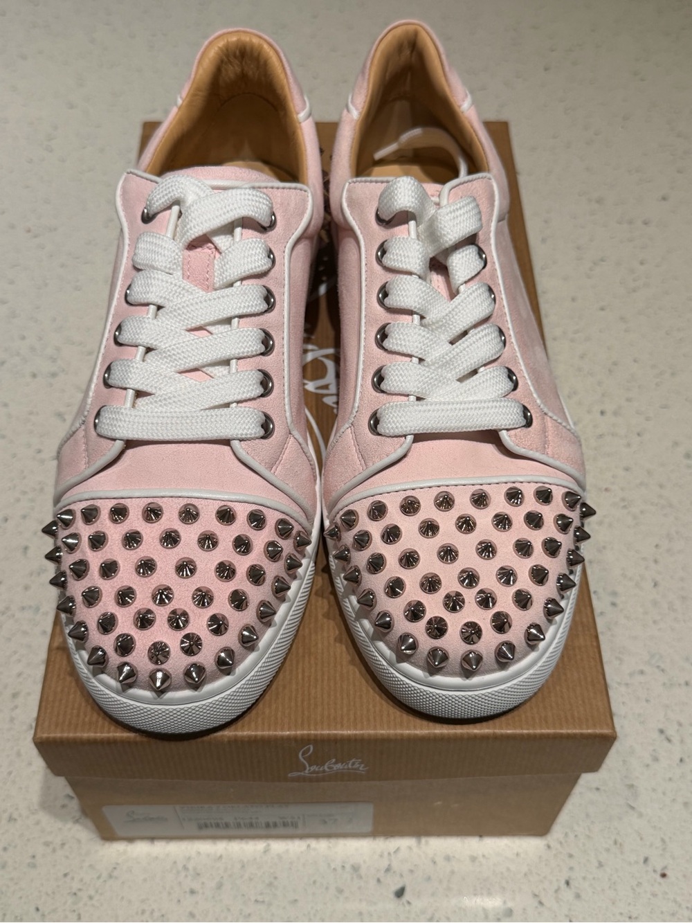 Christian Louboutin pink Suede Studded Lace-Up Sneakers - Picture 2 of 10
